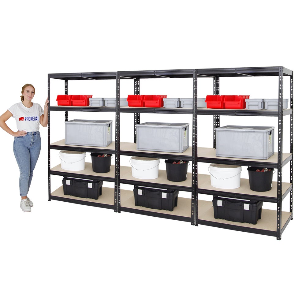 PROREGAL Mega Deal 3x Heavy-Duty Stellingkast Tiger HxBxD 180 x 100 x 60 cm Plankdraagvermogen 265 kg 5 Planken Zwart