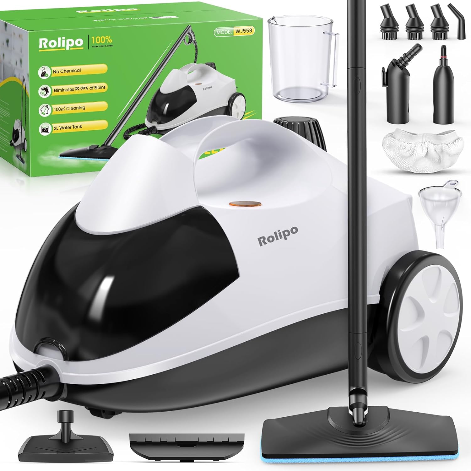 Dampfreiniger, Dampfdruck: 4 Bar, Leistung: 2000 W, Tank: Max 2 L, Nutzungsdauer: 40 Minuten, mit Bodenreinigungsset, Düsen und Rundbürste von Böden, Sofas, Polstermöbel und Autos