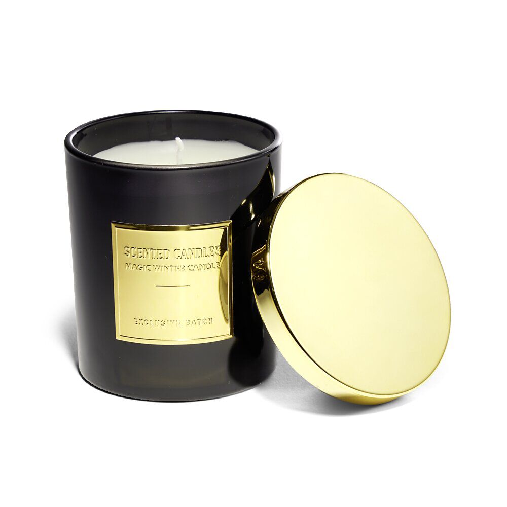 Bougie avec couvercle pot métallisé noir et doré senteur oud Ø25H
