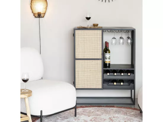 Guuji - Armoire à vin en bois et cannage H100cm - Couleur - Naturel / noir