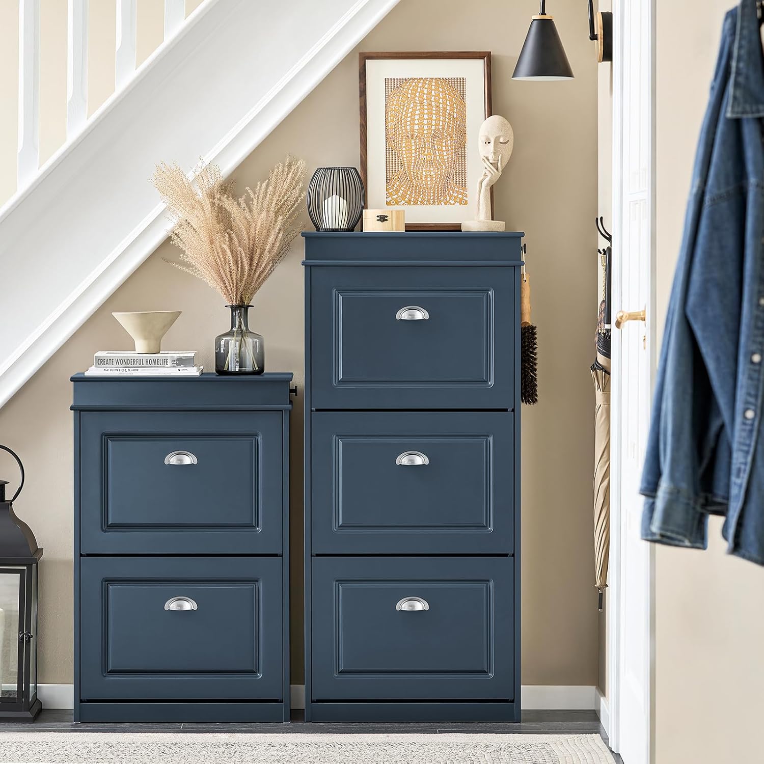 SoBuy Schuhschrank mit Schublade und Haken- Schuhregal Schuhkipper Schmal – 3 Klappen für bis zu 12 Paar Schuhe – Ideal für Flur & kleine Räume – MDF(E1), Blau, 53x24x118cm – FSR94-B