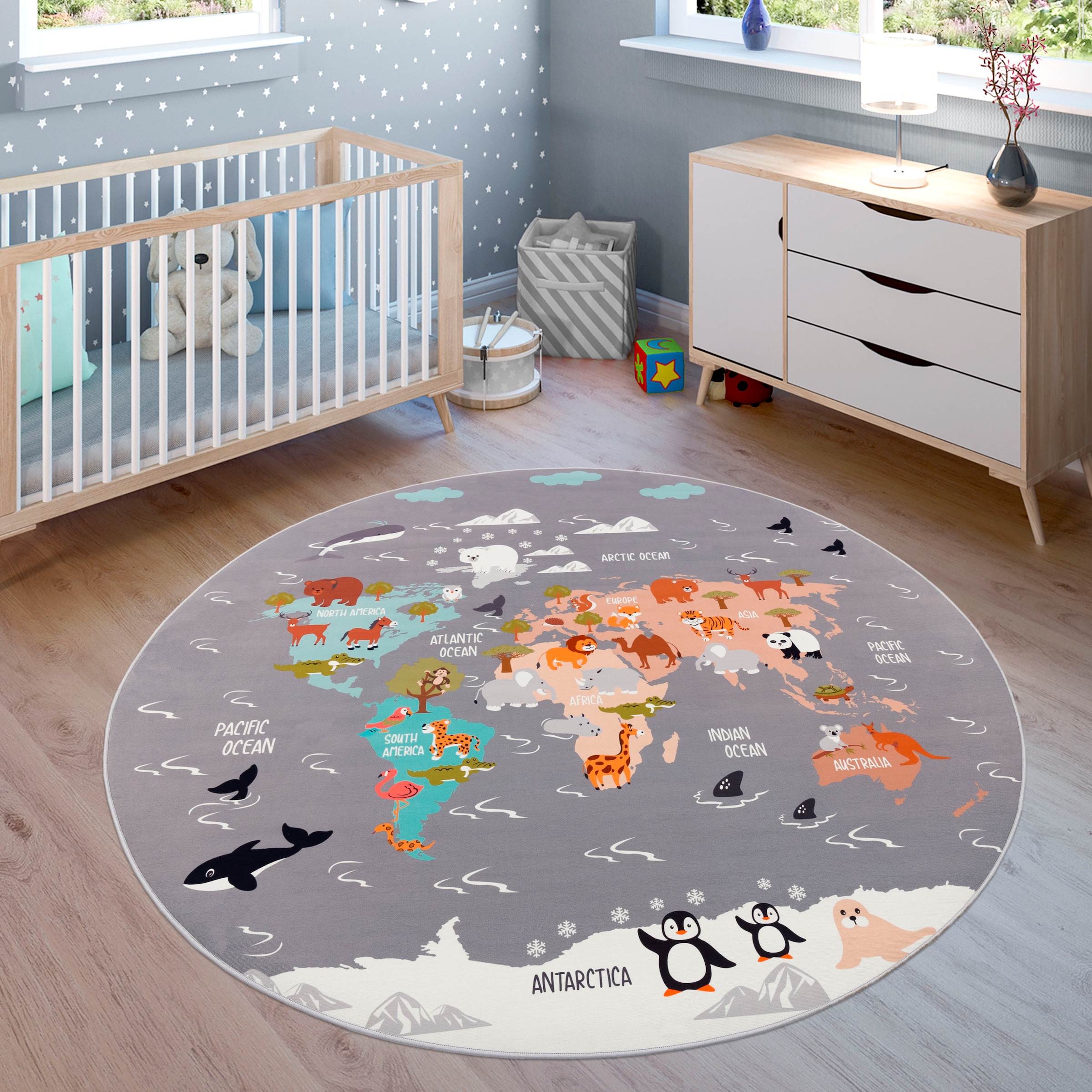 Paco Home Kinderteppich »Bino 581« rund 4 mm Höhe Spielteppich, Motiv Weltkarte & Tiere, Kinderzimmer