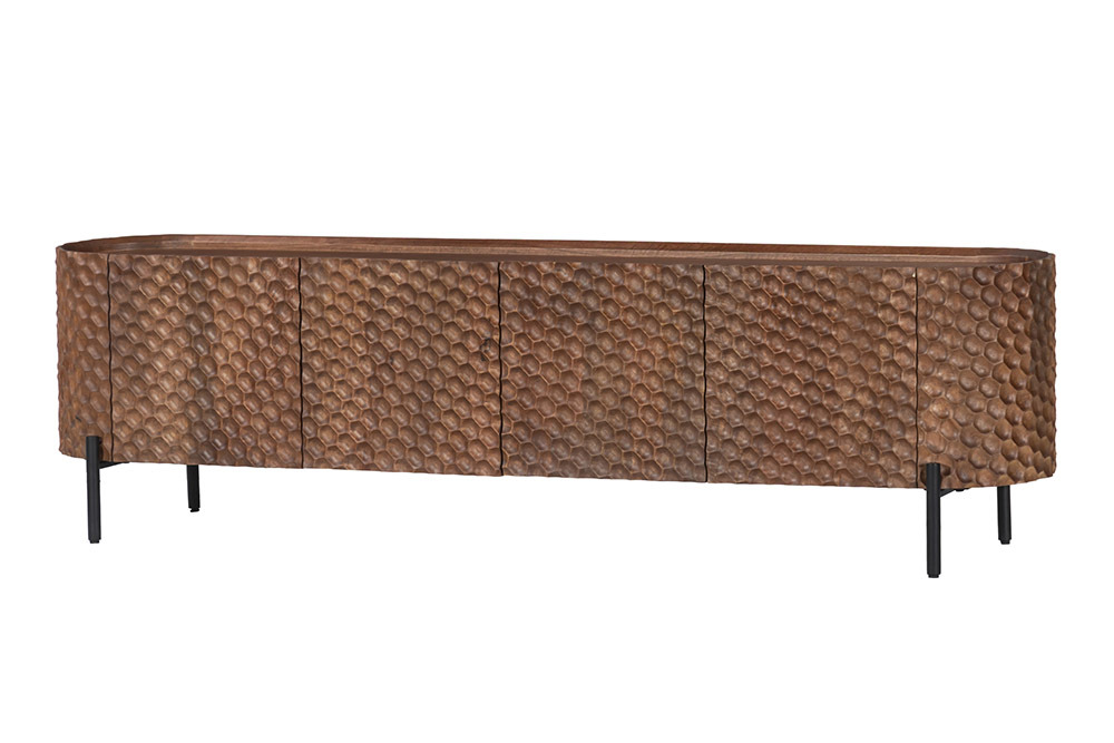 Massives TV-Board ADLON 160cm braun Mangoholz schwarz Metall Lowboard mit 3D- Front