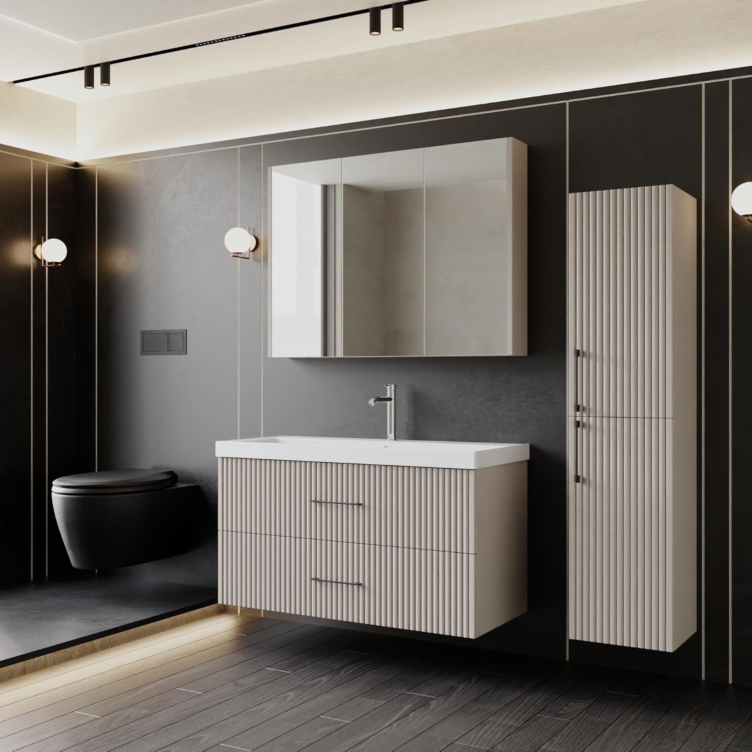Badmöbel Set Liana 100 | Keramikwaschbecken | Unterschrank | Spiegelschrank | Softclose-Schubladen & -Türen | Riffeloptik & Bügelgriffe | Eleganter Stil | Badmöbel | Waschtisch mit Unterschrank 100 cm