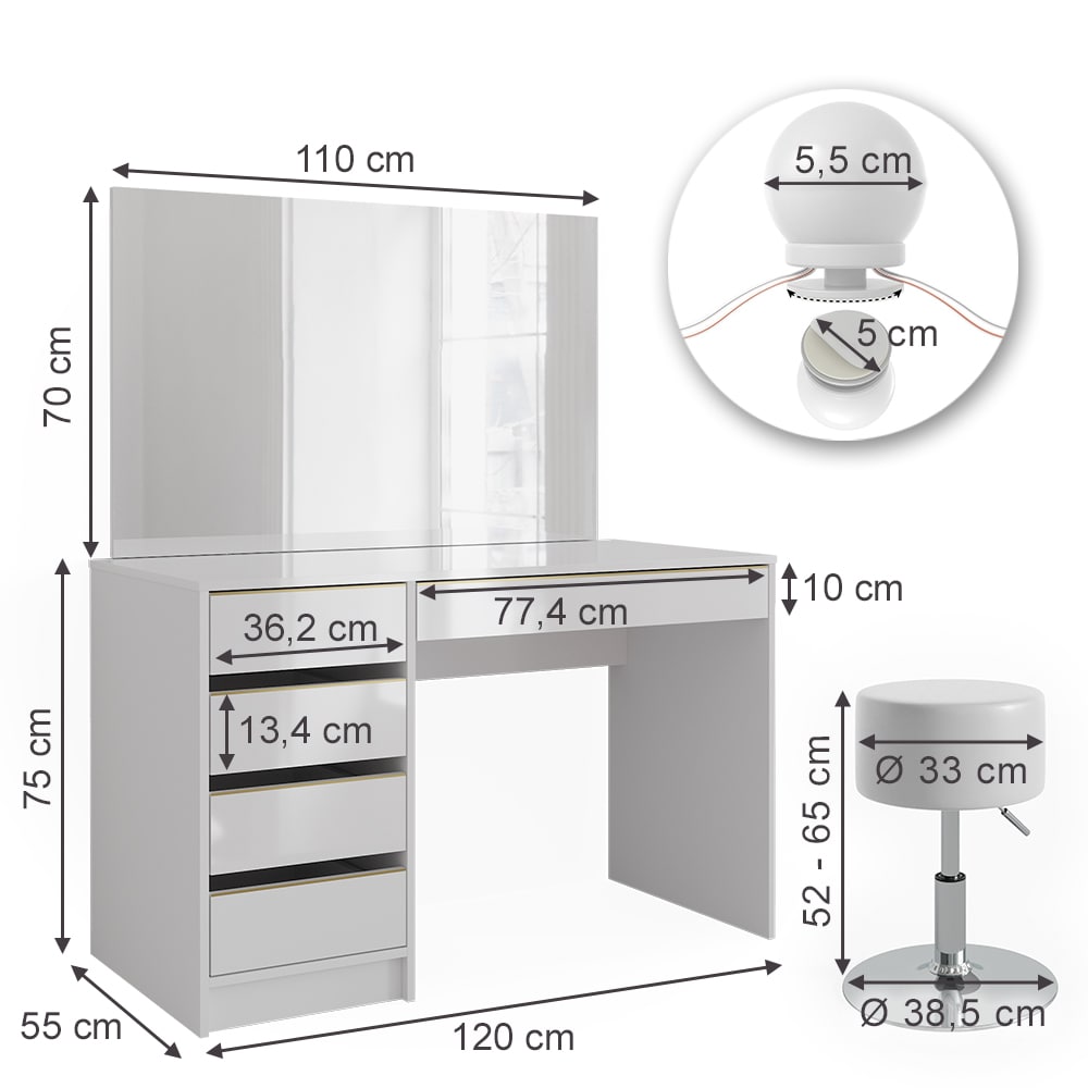 Vicco Schminktisch Sherry Weiß Hochglanz Gold 120 x 75 cm 5 Schubladen Spiegel Hocker LED