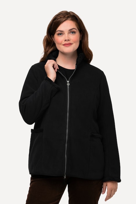 Fleece-Janker, Teddyplüsch, Stickerei, Stehkragen