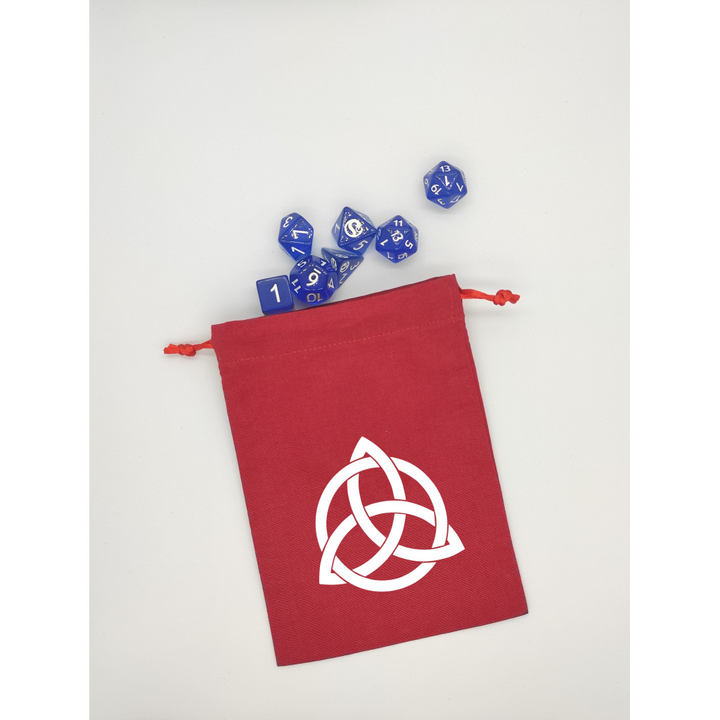 Bourse à dés rouge motif Triquetra ou nœud celtique blanc
