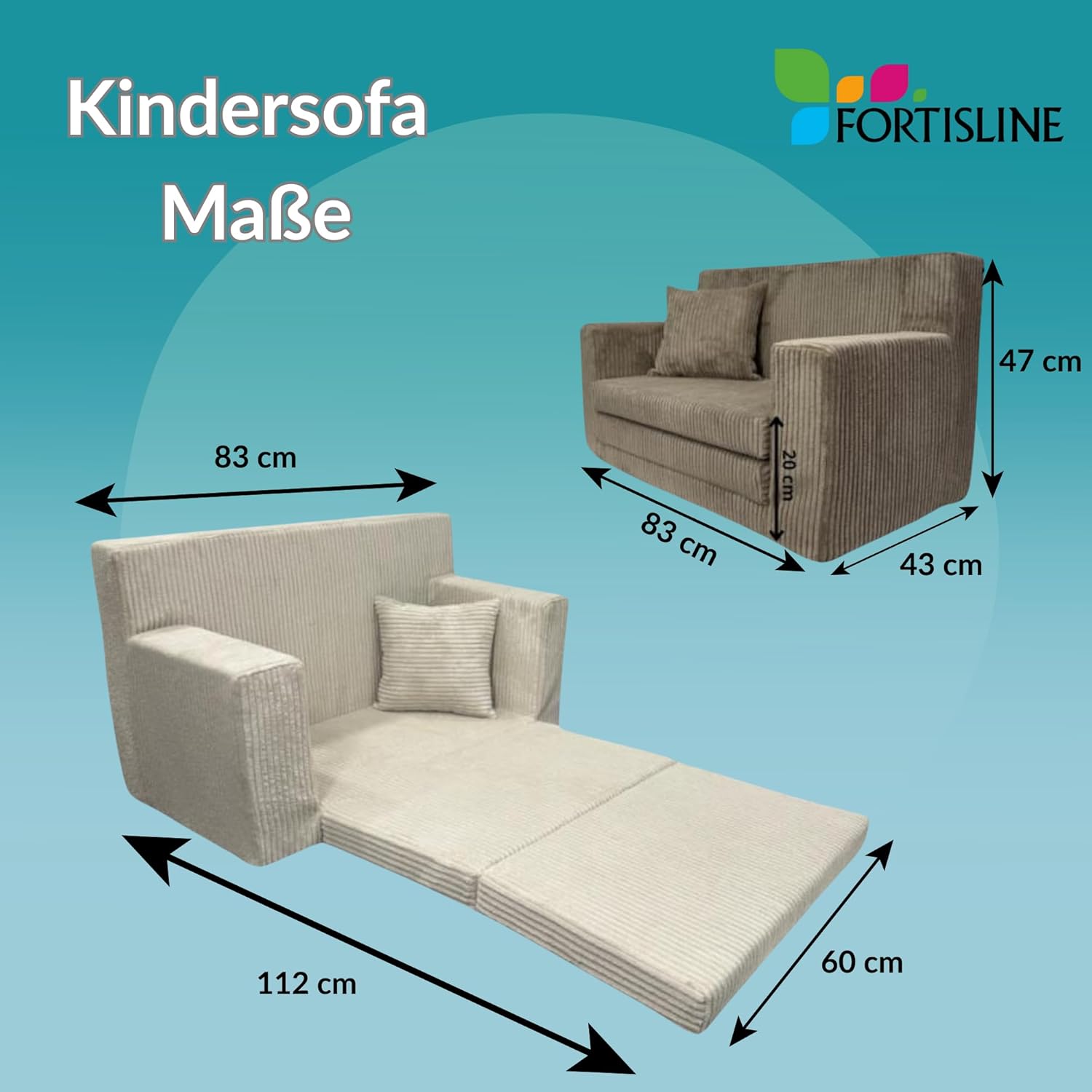 FORTISLINE - Kindersofa ausklappbar 83x47x43cm Oeko-TEX - Spielesofa für Kinder 2in1 - Kindercouch Aufklappen Bettfunktion - Schlafcouch aus Schaumstoff - Kuschel-Cord - Viele Muster (Schwarz)