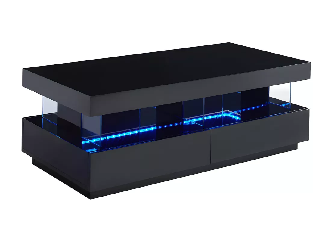 Table basse 2 tiroirs et 2 niches avec LEDs - MDF et verre trempé - Noir laqué - FABIO II