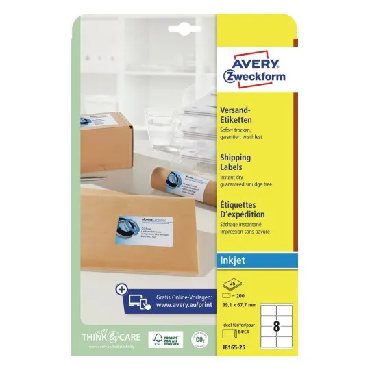 Etiketter Avery J8165-25 QuickDRY™ hvid til inkjet 99,1x67,7 mm - (8 stk. x 25 ark)