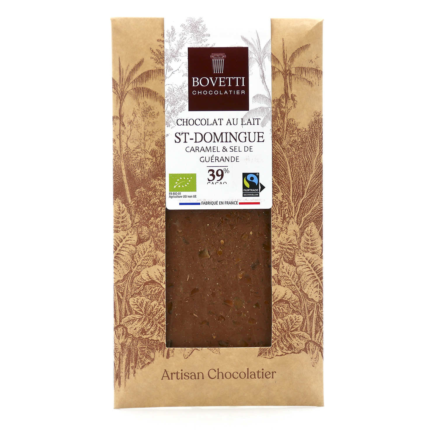 Tablette chocolat au lait bio 39% St Domingue caramel et sel de Guérande