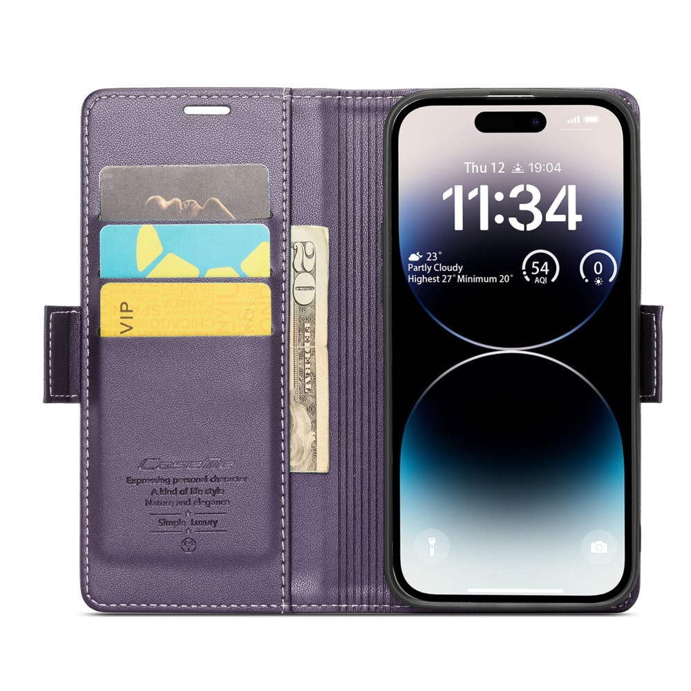 iPhone 14 Pro Leder Tasche Flip Wallet Etui mit Kartenfächern Litchi Look (RFID Schutz) - Violett