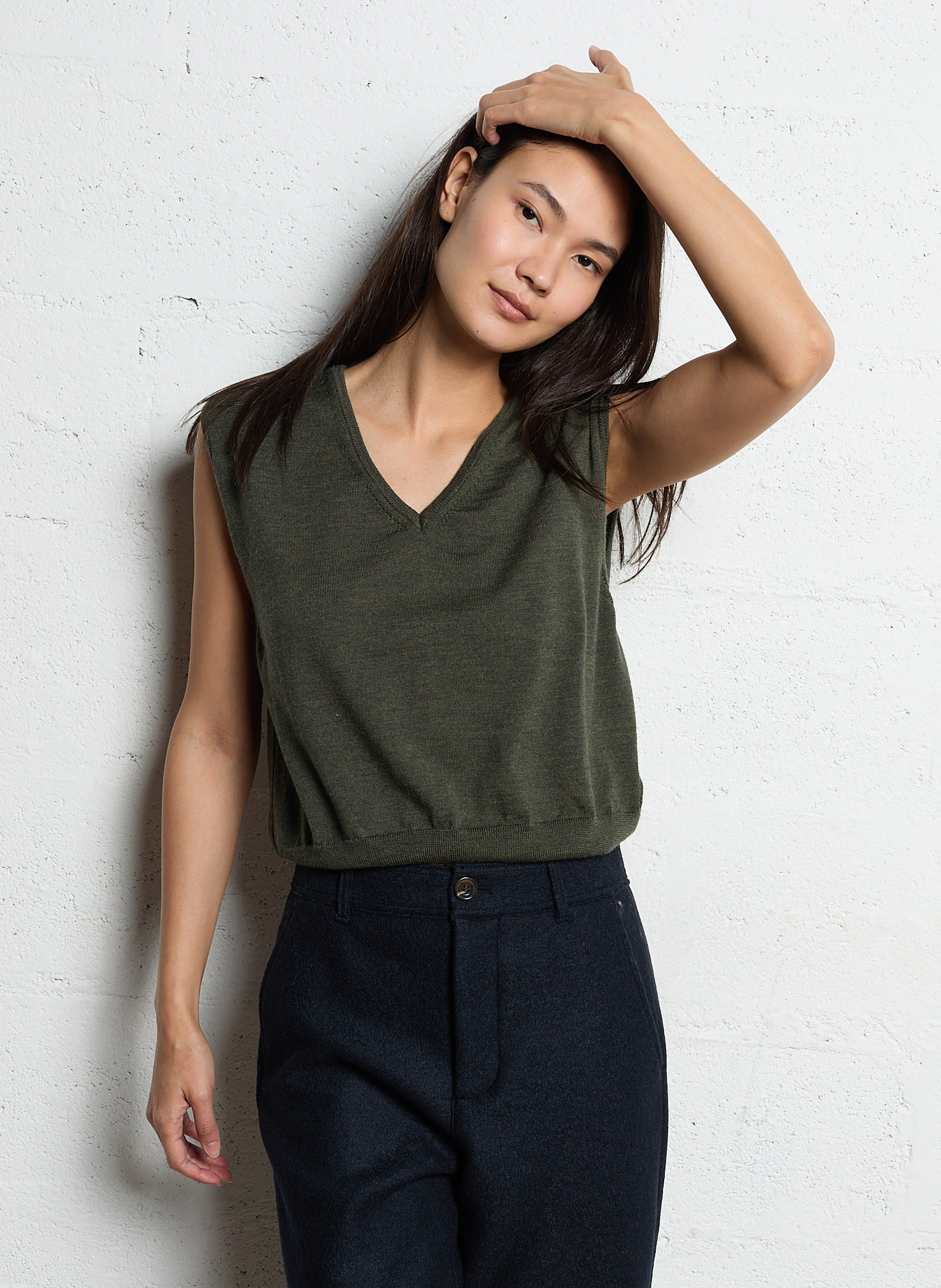 SONIA - Pull col V en laine | Kaki