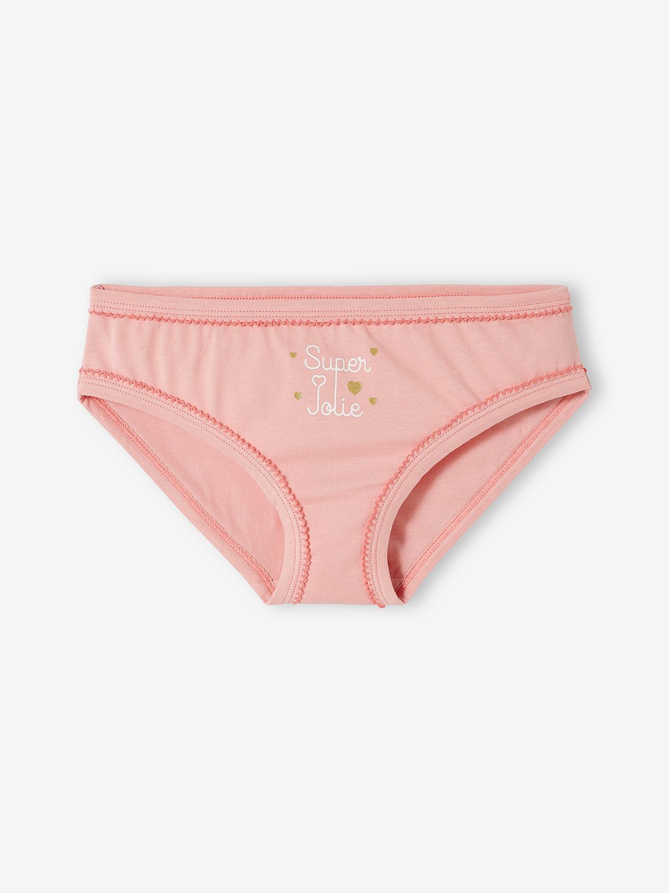 Pacote com 7 calcinhas lisas brancas para meninas com estampas.