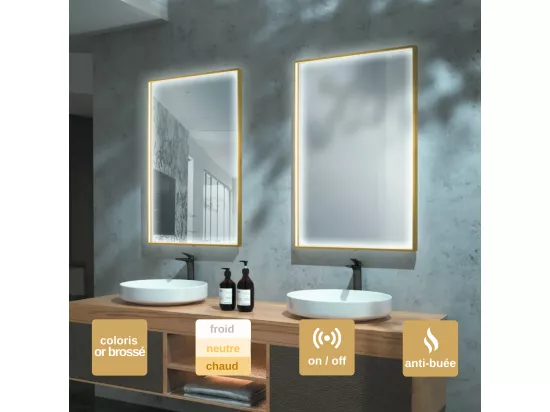 Miroir Salle de Bains Lumineux ABILITY Anti-Buée et Éclairage Périmétral Triled par Détecteur de Mouvement 140x80cm Or Brossé LEDIMEX by SANIZÉO