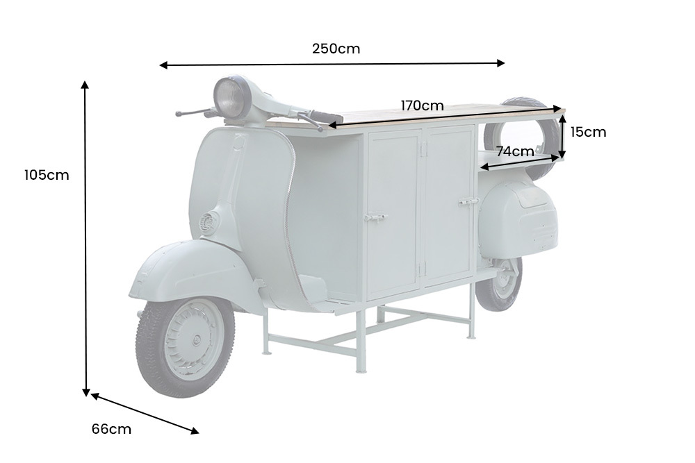 Extravaganter Barschrank SCOOTER 250cm salbei Retro-Konsole Motorroller mit Mangoholz Upcycling
