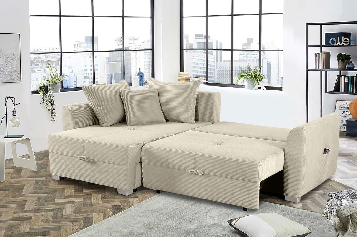 Cord Ecksofa B236/T160/H81 cm mit Schlaffunktion und Bettkasten, Tasche in der Armlehne, L-Couch mit Ottomane ausziehbar, links oder rechts montierbar, Bezug Cordstoff in Beige Grau / 15201