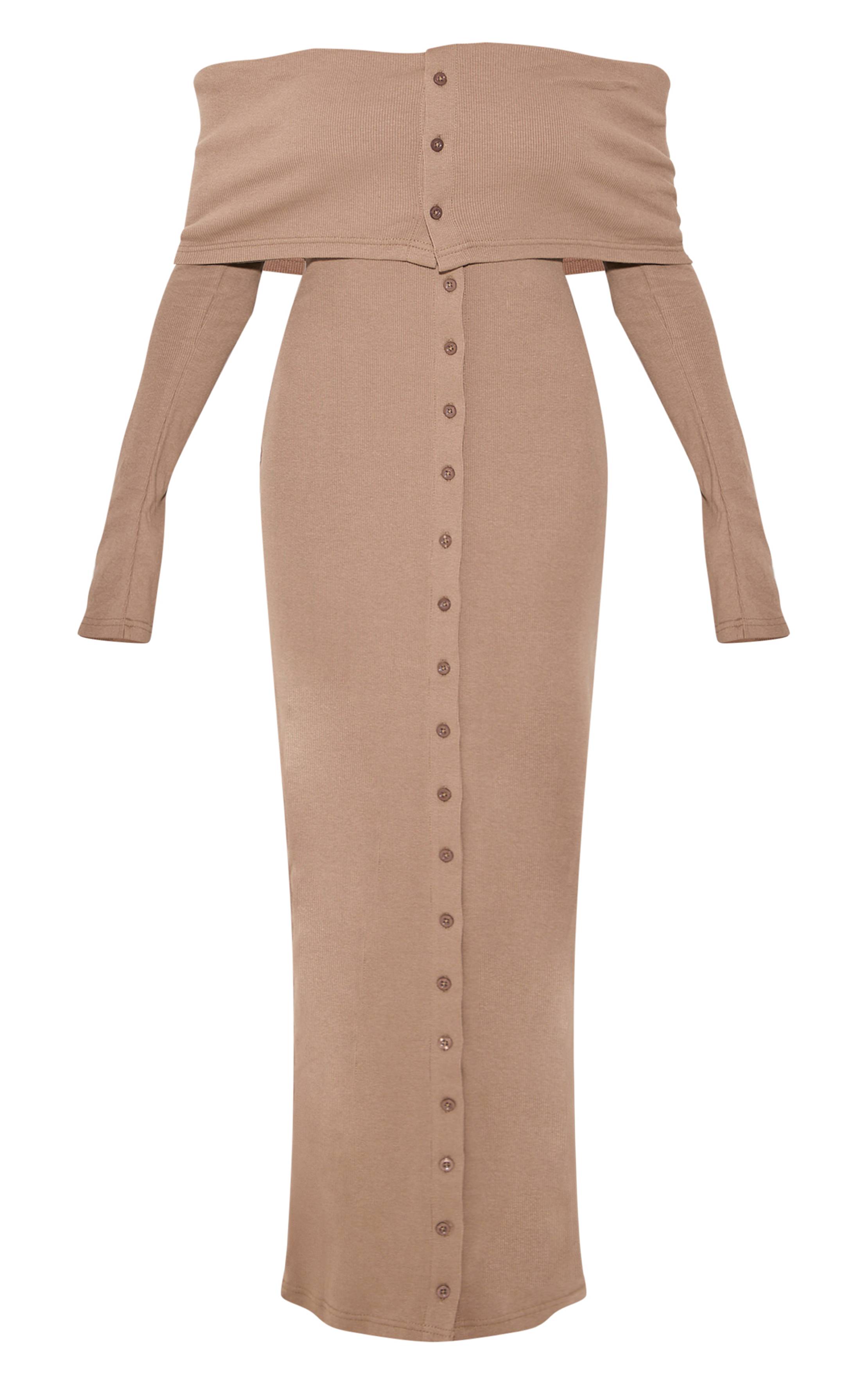 Robe Maxi Côtelée Bardot Avec Col Rabattu Et Boutons