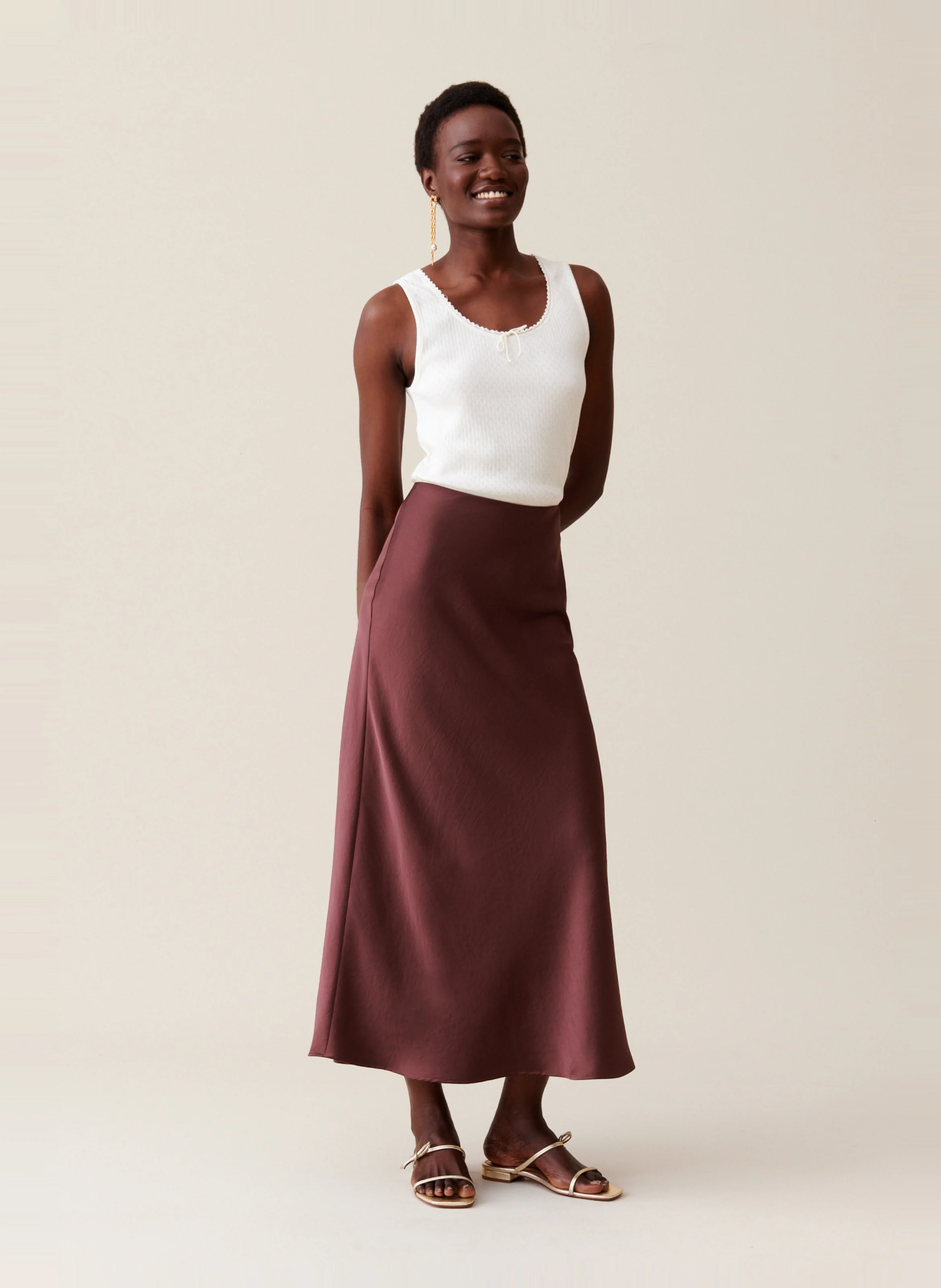 Jupe longue fluide satinée| Marron
