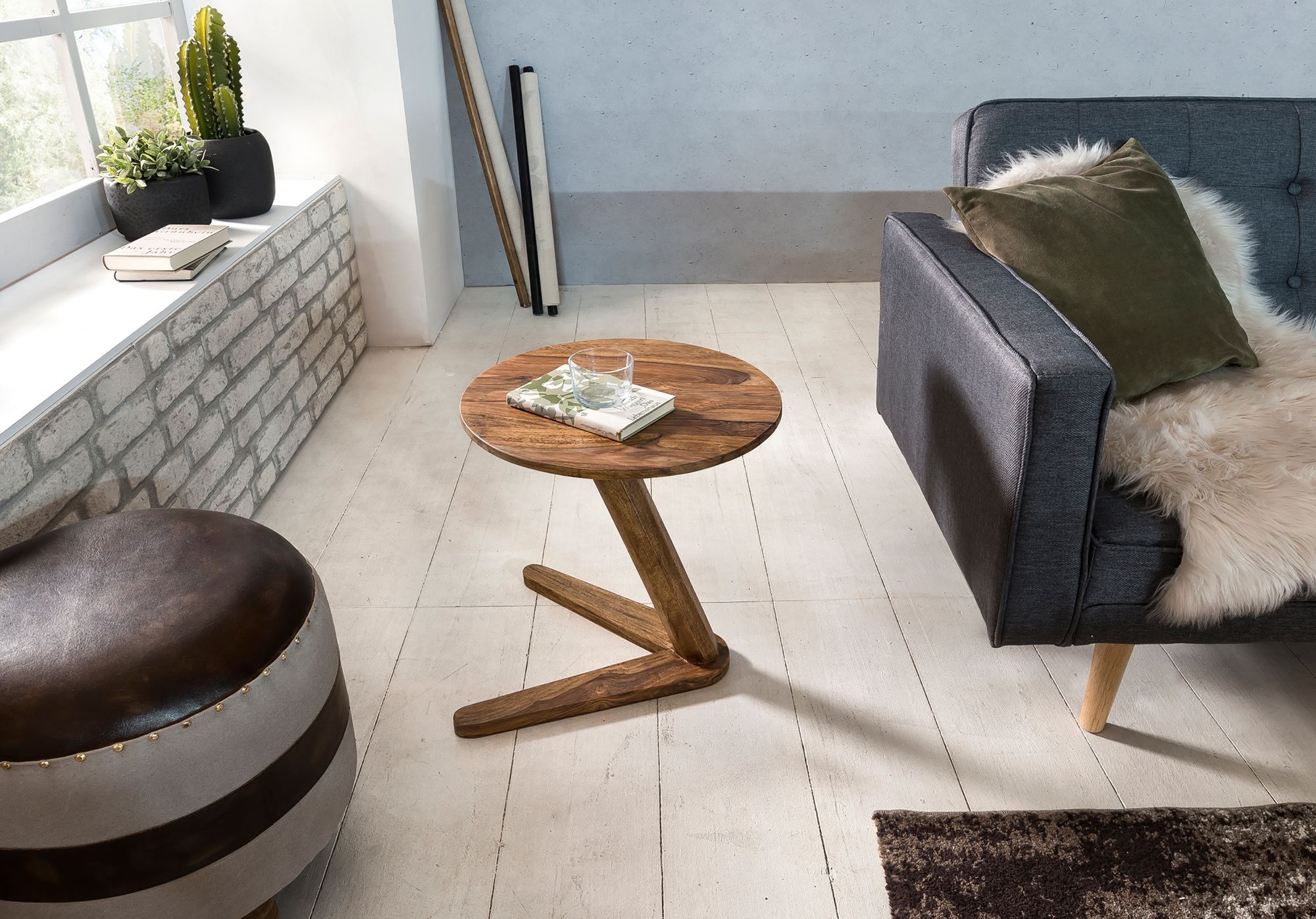 FineBuy Beistelltisch Massivholz Anstelltisch Rund Wohnzimmertisch Landhausstil