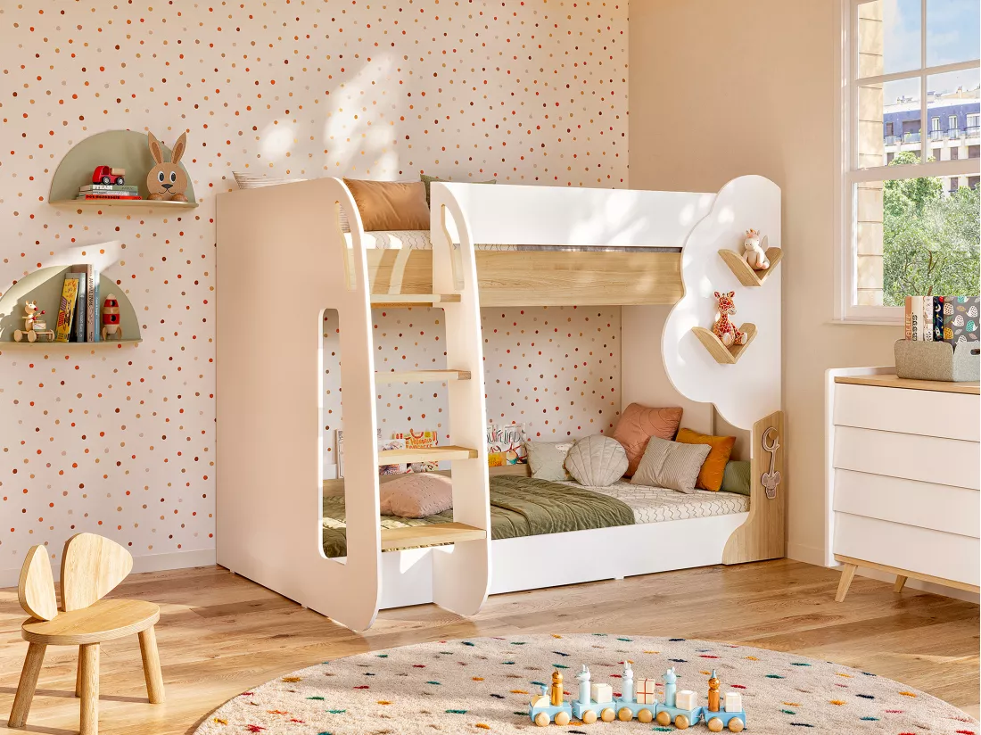 Lits superposés 2 x 90 x 190 cm - Blanc et Naturel + Matelas - PILATI