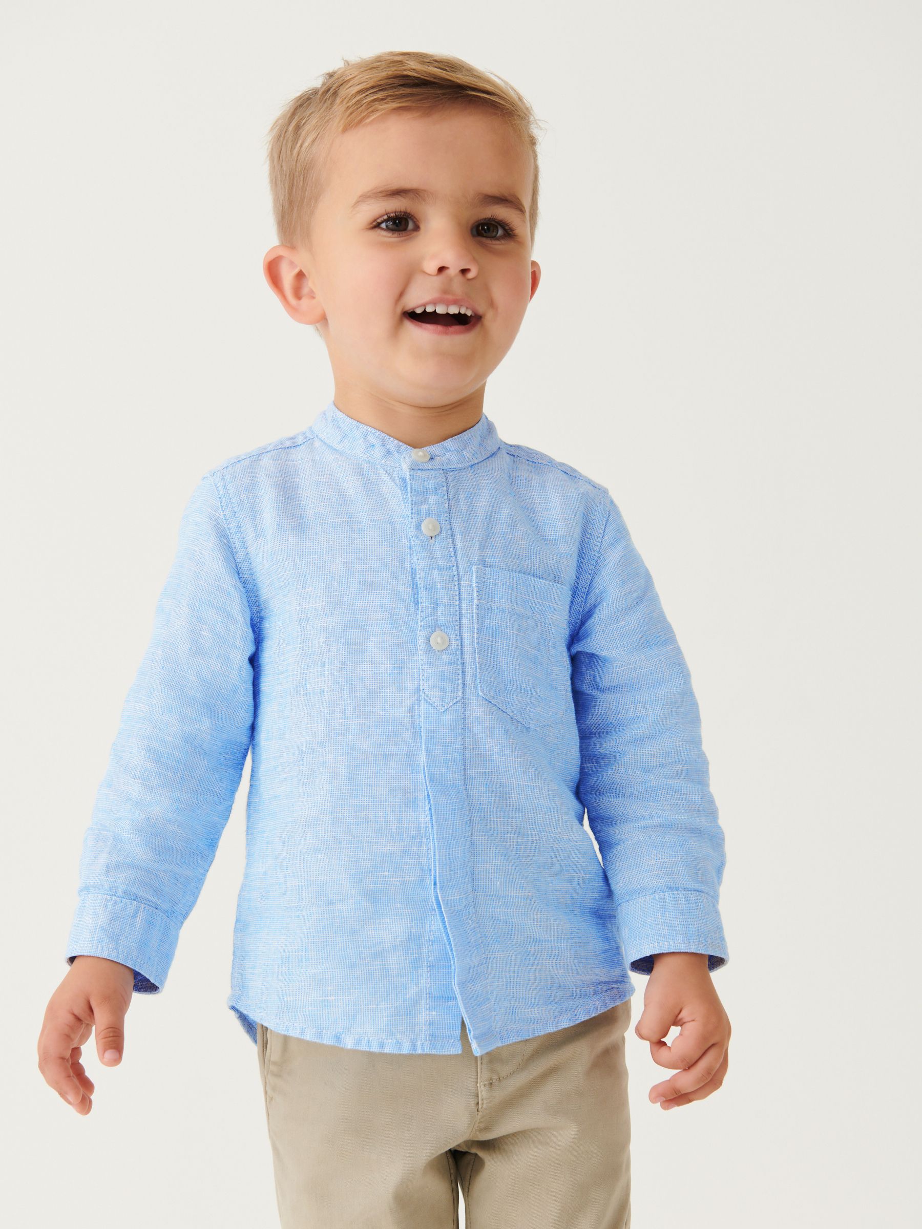 Blauw - Overhemd van linnenmix met opa-kraag (3 mnd-7 jr)
