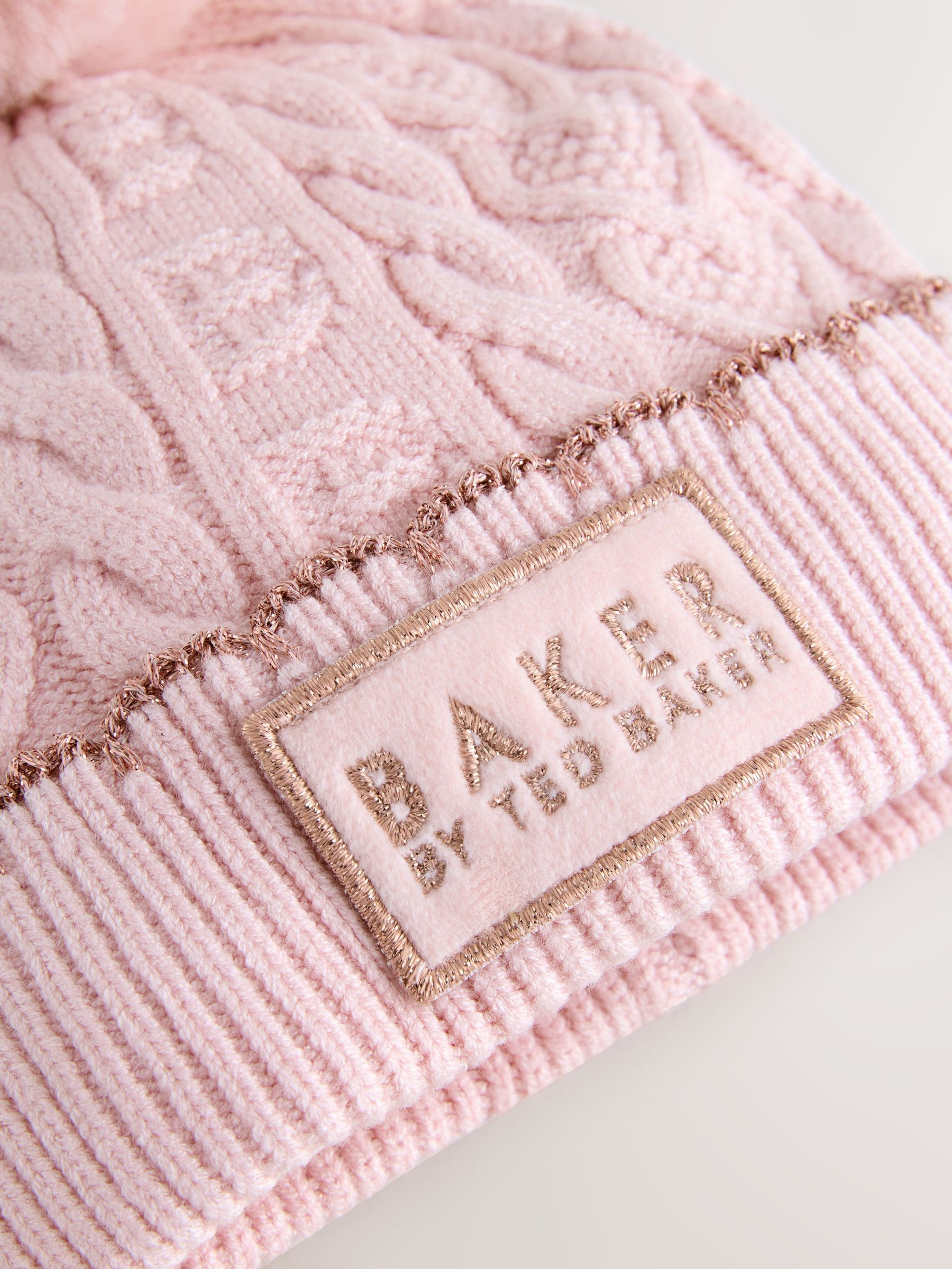 Baker by Ted Baker - Meisjes roze kabelgebreide muts en wanten set