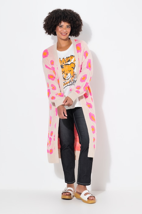Long-Strickjacke, Color Animalmuster, offene Form