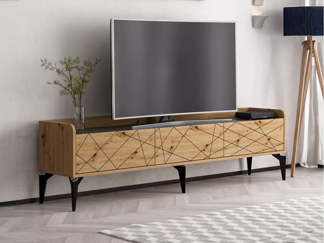 Meuble TV avec 3 portes - Naturel et anthracite - MONALIA