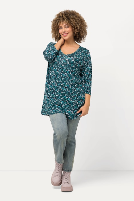 Shirt, Blüten, A-Linie, V-Ausschnitt, 3/4-Arm