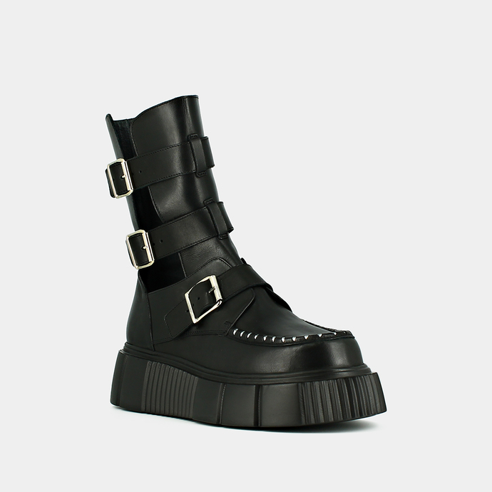 Boots à plateformes et sangles  en cuir noir