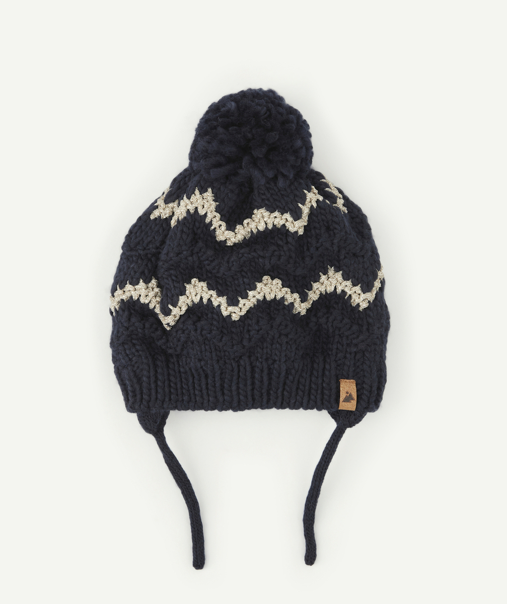 BONNET EN TRICOT MARINE ET FILS COULEUR DORÉE BÉBÉ FILLE EN FIBRES RECYCLÉES