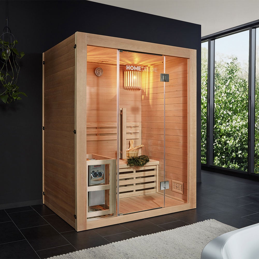 Home Deluxe - Traditionele Sauna - Skyline L - 120 x 150 x 190 cm - voor 2-3 personen, hemlock, incl. saunakachel, saunatoebehoren | Stoomsauna, opgietsauna, Finse sauna, biosauna