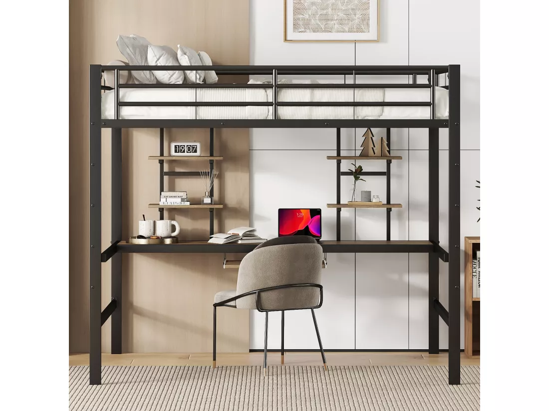Lit mezzanine 140 x 200 cm - bureau et étagères - métal - noir
