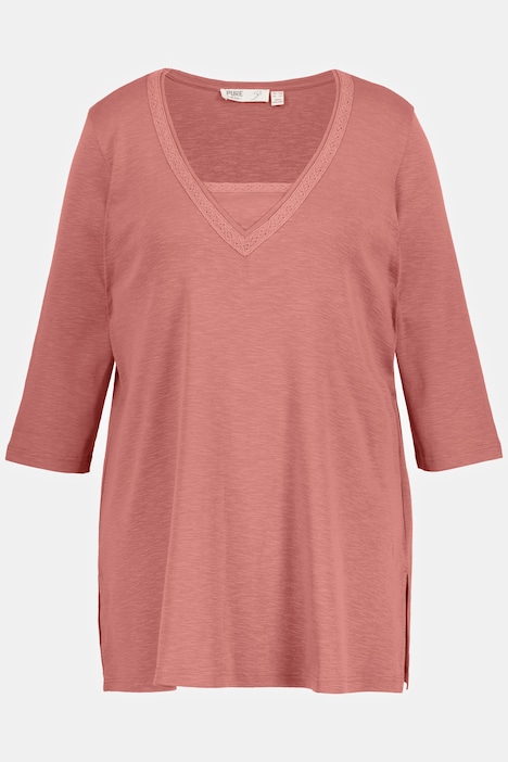 Longshirt, Spitze, V-Ausschnitt, 3/4-Arm, Biobaumwolle