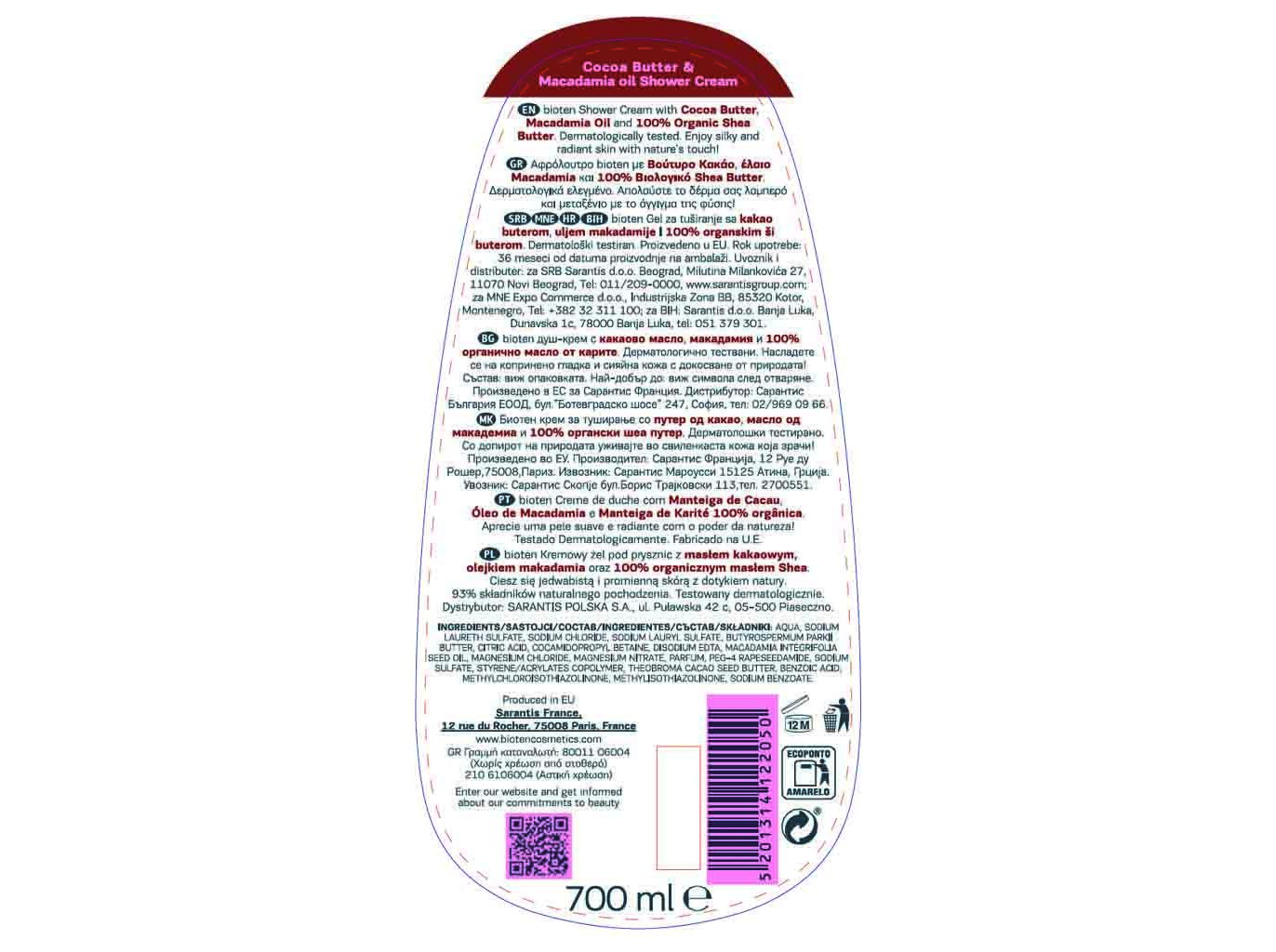GEL BIOTEN DE BANHO CACAU E MACADÂMIA 700ML