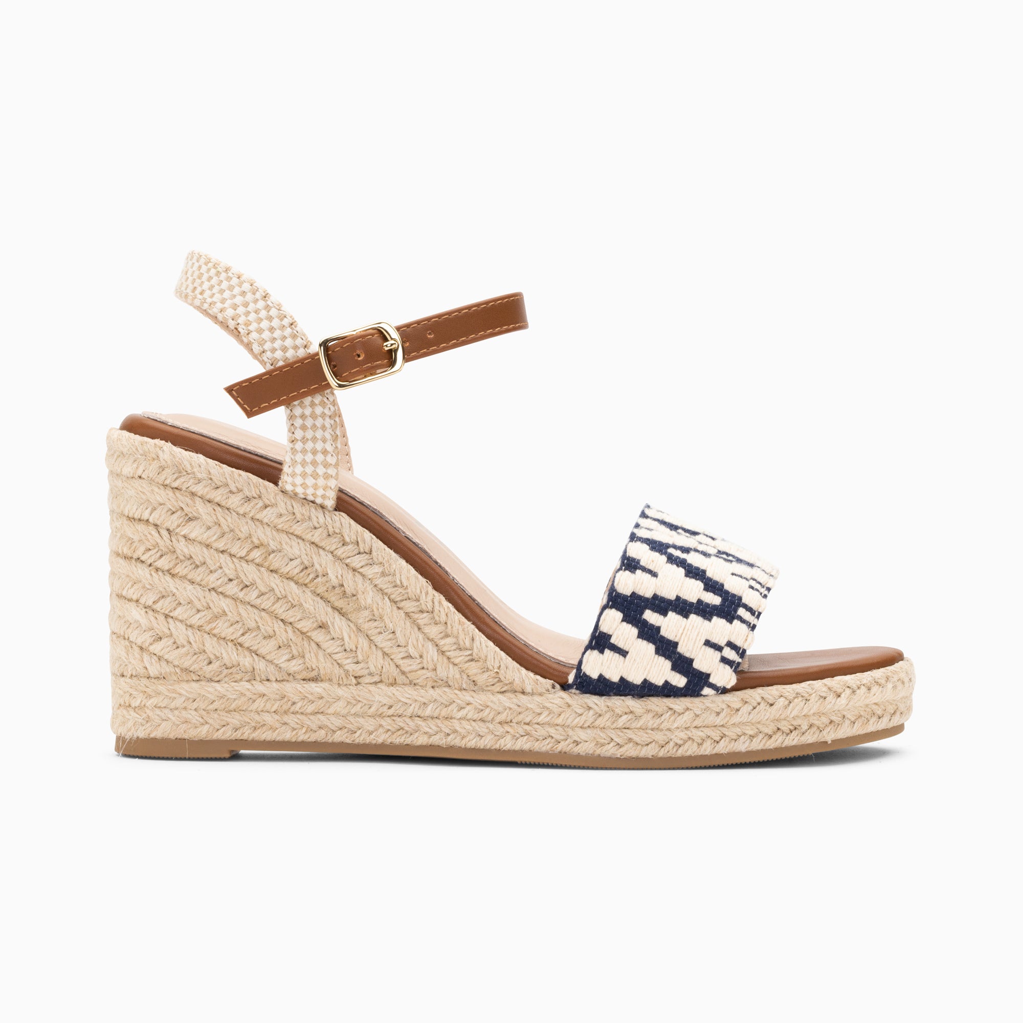 Sandales à talon, Compensées-Sandales compensées Malvina marine en tissu jacquard
