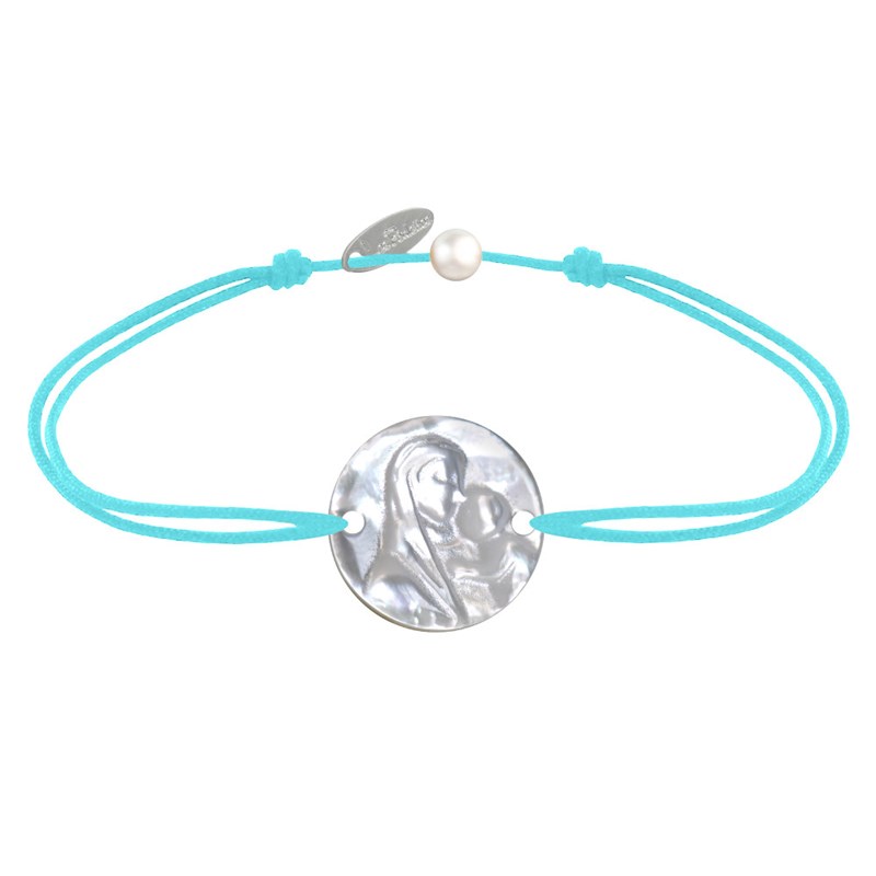 Bracelet Lien Médaille de Nacre Ronde Vierge à l'Enfant - Turquoise