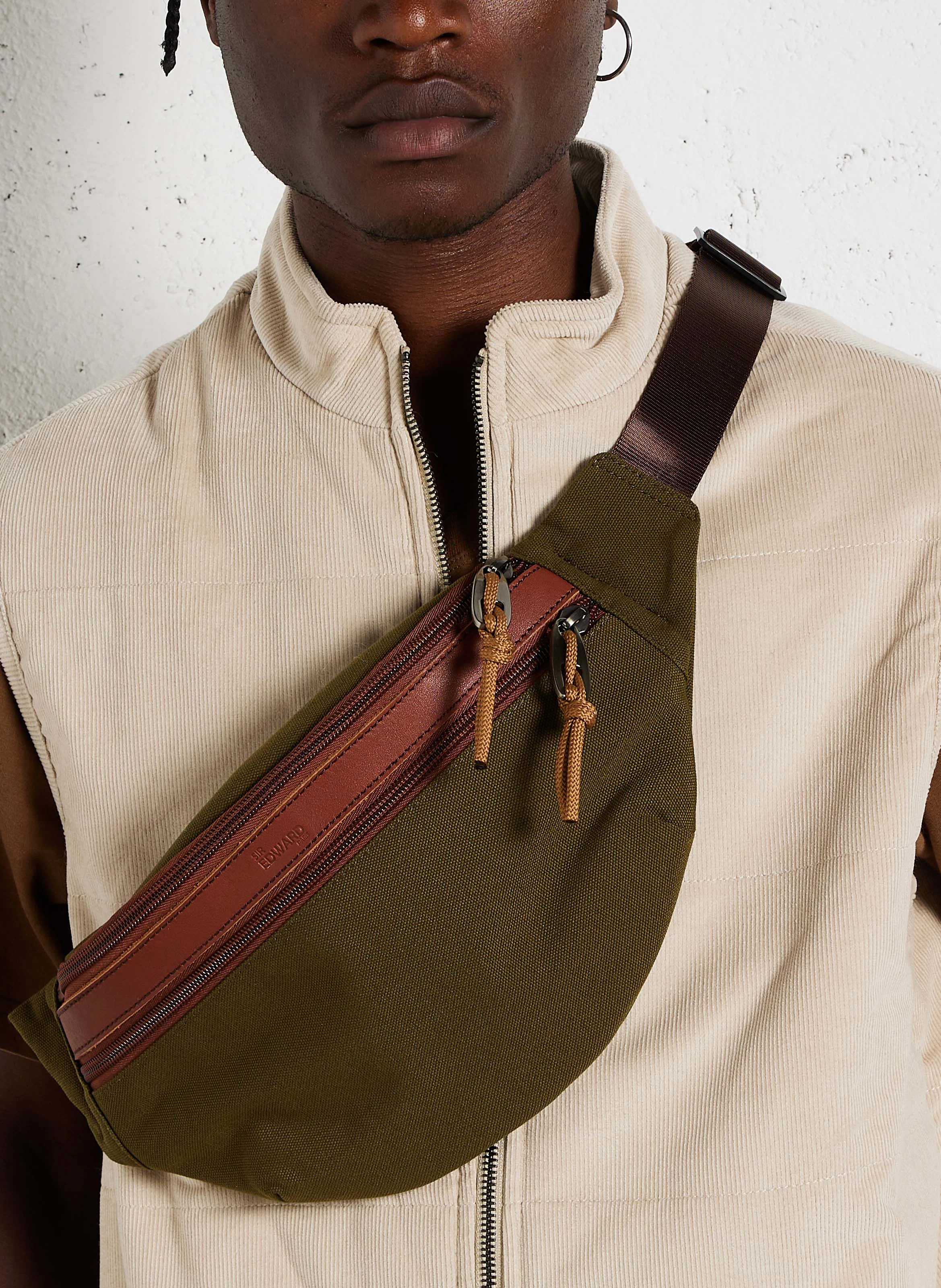 DELTA - Sac banane bi matière en cuir mélangé | Kaki