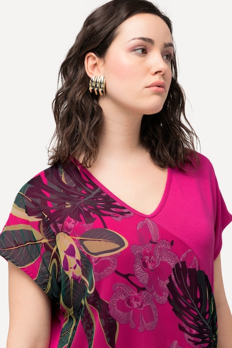 Jerseykleid, Chiffon, Blüten, V-Ausschnitt, Halbarm