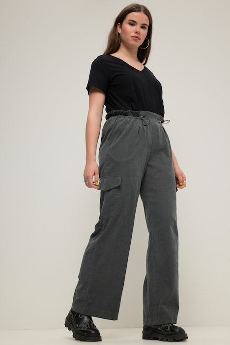 Cargohose, Straight Wide Legs, Cargotaschen, Elastikbund