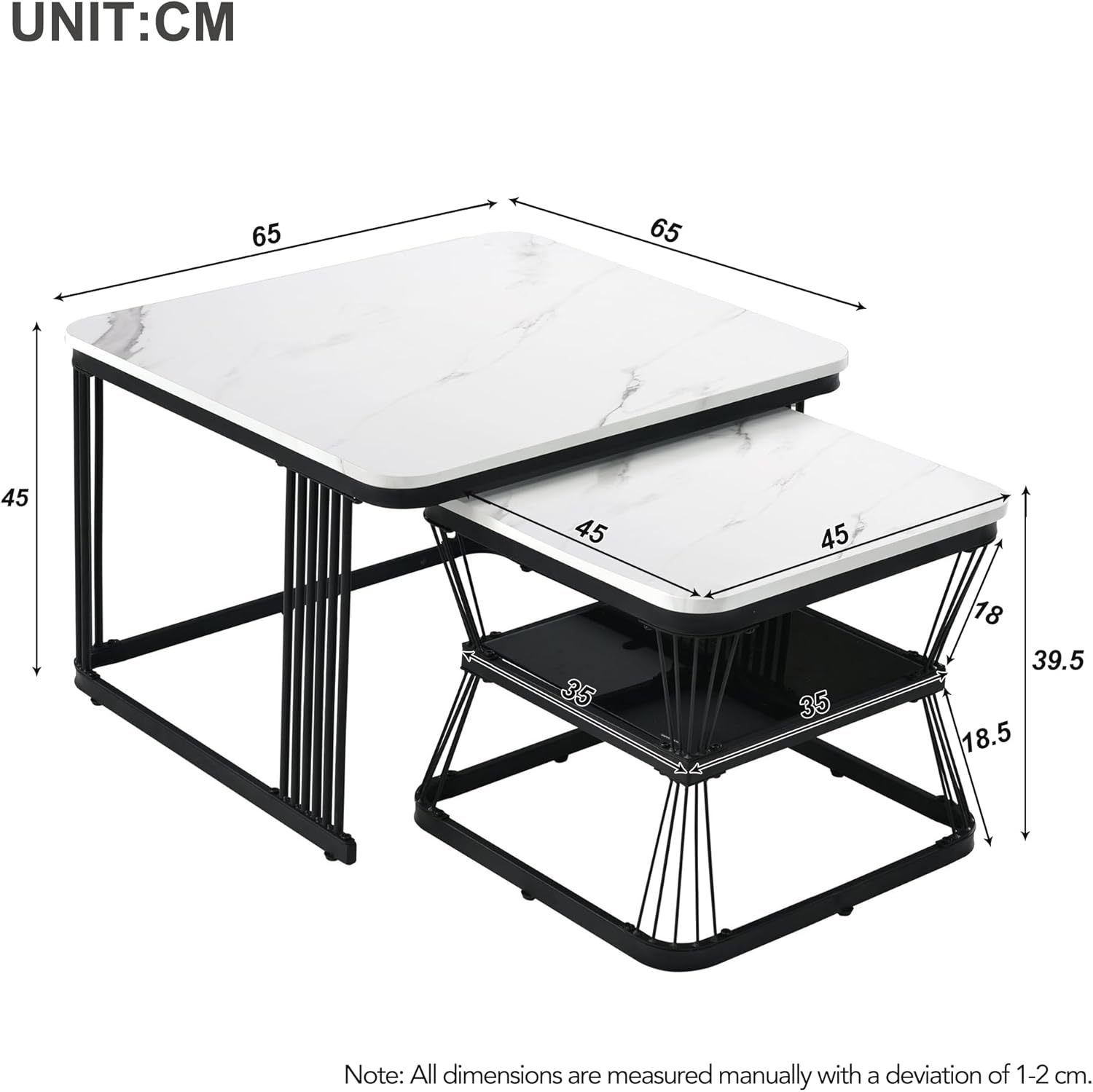 Merax Quadratisch Couchtisch 2er Set, Moderne Wohnzimmertisch mit Marmoroptik, Hochglänzend Satztisch mit Stauraum, für Wohnzimmer, Balkon und Büro, Metallgestell, Weiß und Schwarz