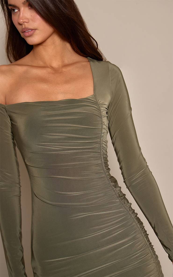 Kaki Robe Moulante À Manches Longues En Jersey Double Couche Avec Fronces Asymétriques