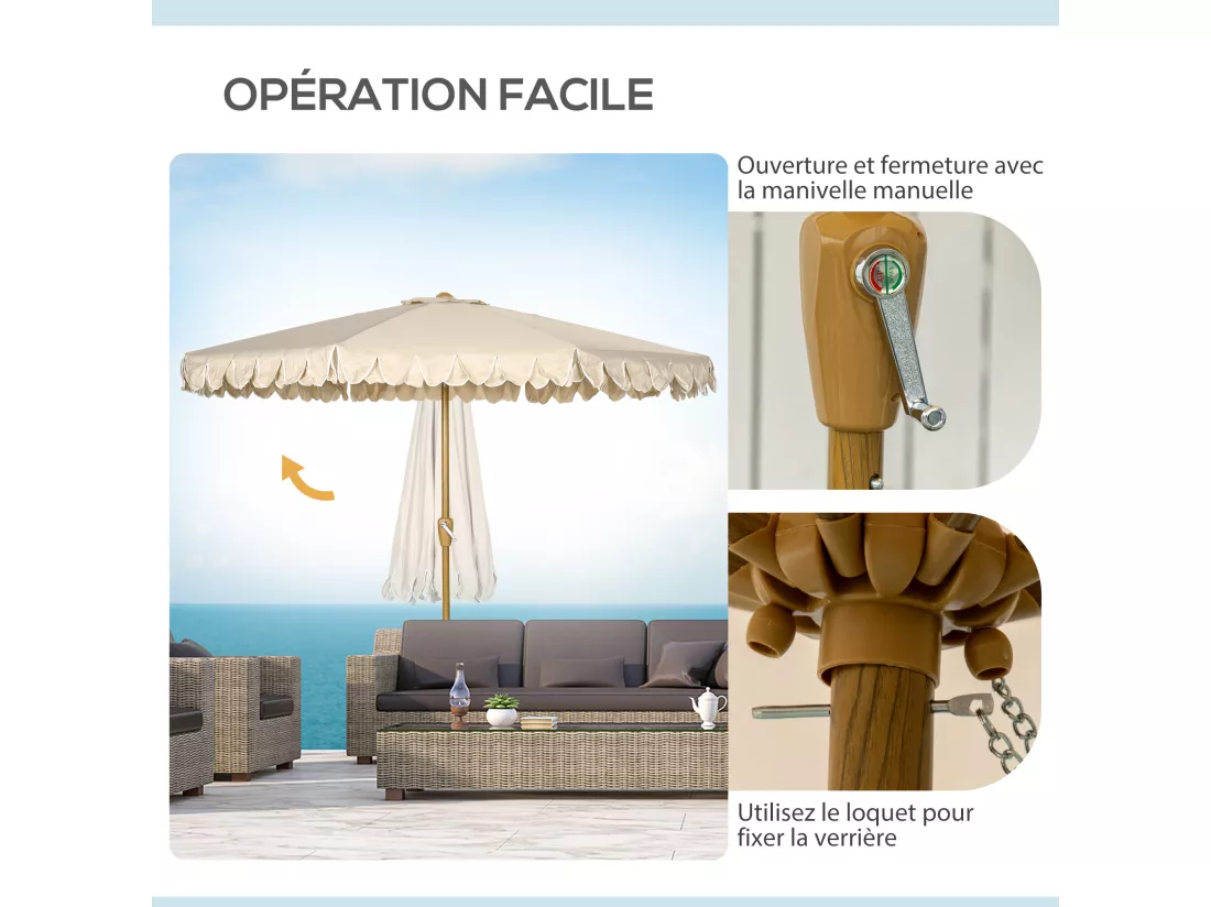 Parasol octogonal inclinable Ø 2,65 x 2,35H m mât acier aspect bois polyester haute densité 180 g/m² beige