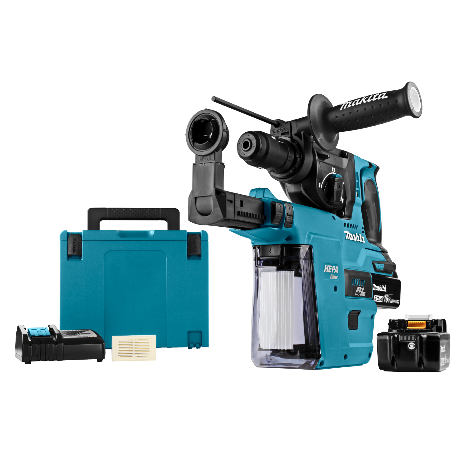 Makita DHR243RTJV 18V Li-Ion Accu SDS-plus combihamer incl. snelspanboorkop en stofafzuiging set (2x 5.0Ah accu) in Mbox - 2J - koolborstelloos