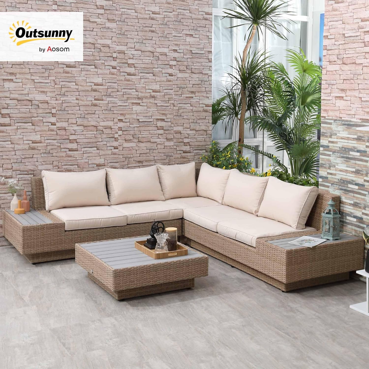 Outsunny 4-TLG. Luxus Polyrattan Gartengarnitur Gartenmöbel Garten-Set Sitzgruppe Loungeset Loungemöbel inkl. Ablagen und Beistelltisch Sitzkissen Braun
