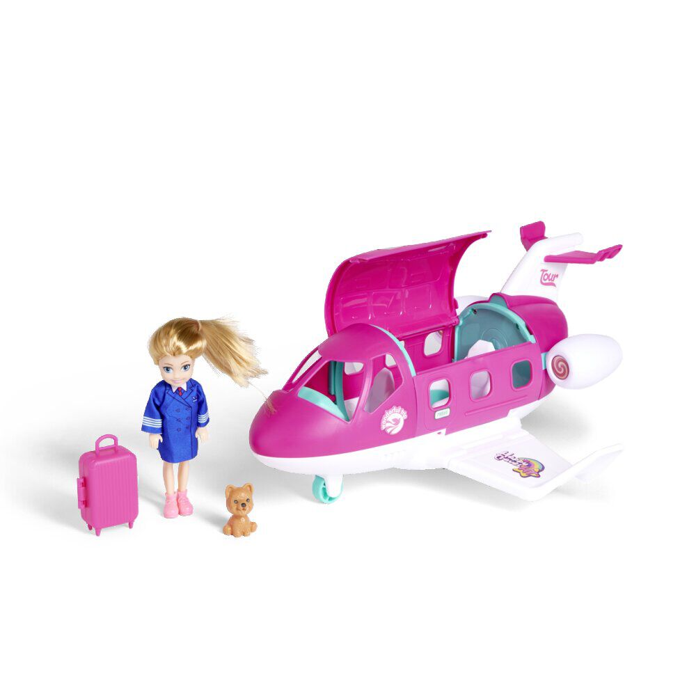 Jouet avion rose avec poupée et accessoires
