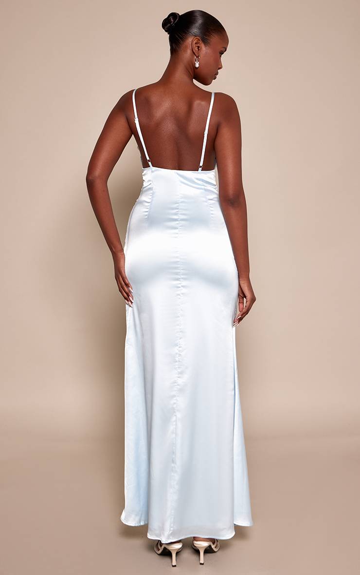 Bleu Ciel Robe Longue Nuisette Satinée À Pois Avec Bonnets En Dentelle
