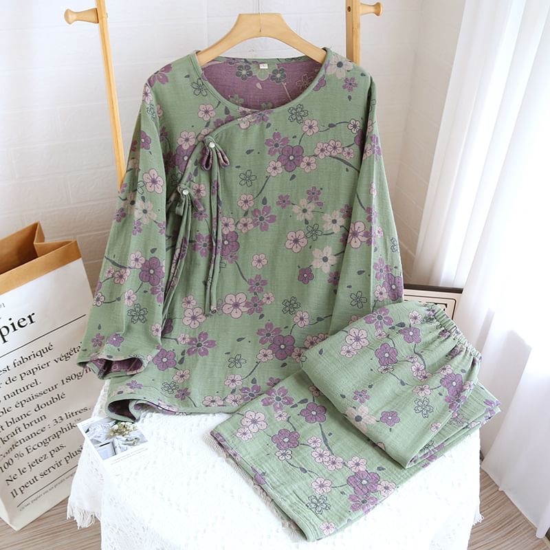Somnus - Pyjamaset: Lange mouwen, bloemenprint, kikker, knoopjestop + broek