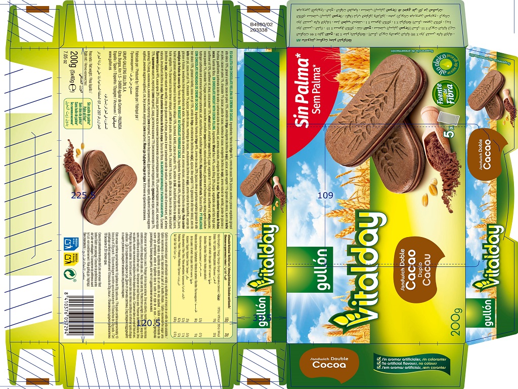 BOLACHAS GULLON VITALDAY RECHEADAS CACAU 200G